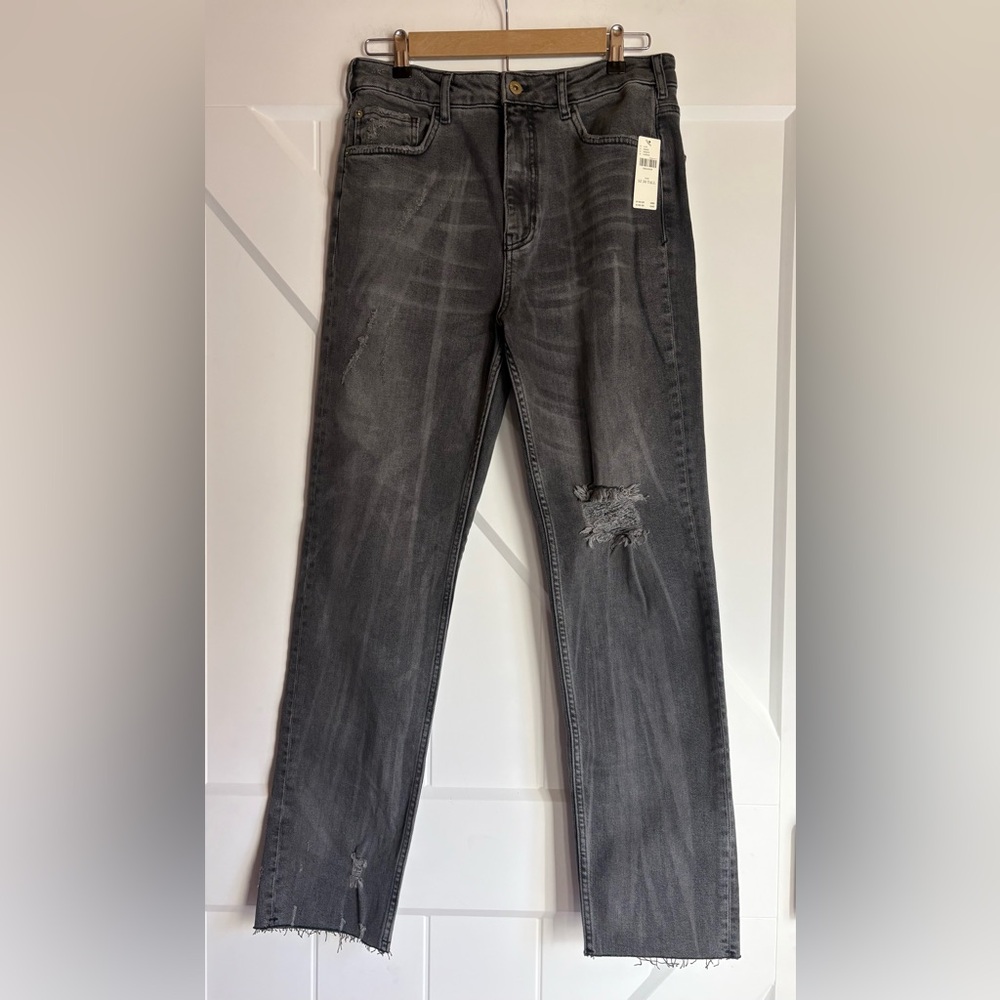 Anthropologie Pilcro Vintage Straight Jeans Gray Distressed Raw Hem NWT 30 Tall